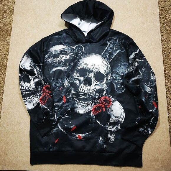 Gothic Men's Graphic Black Long Sleeve Relaxed Fit Skull Hoodie #4 - Picture 1 of 6